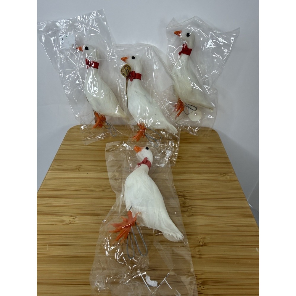 Vintage Feathered White Goose Figurine Ornament Set Of 4 NOS Cottagecore